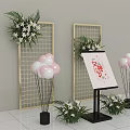 Gold Grid Display Shelves With Green Plants White Flowers And Pink Balloons For Welcome Decor