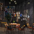 Industrial Style Café Interior Design With Bar Counter And Cozy Seating Area