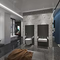 V&H Bathroom Store Modern Interior With Blue Wall Gray Sofas Coffee Table And Hanging Lights 3d model