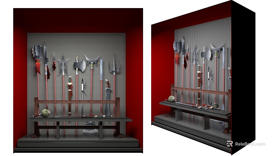 Medieval Weapons Display Featuring Wall Mounted Axes Swords And Shelf Arranged Blades 3d model 