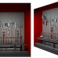 Medieval Weapons Display Featuring Wall Mounted Axes Swords And Shelf Arranged Blades