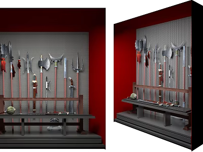 Medieval Weapons Display Featuring Wall Mounted Axes Swords And Shelf Arranged Blades 3d model