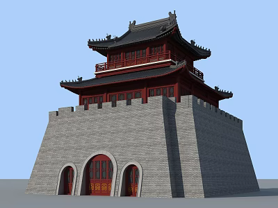 Traditional Ancient Chinese City Gate Tower With Gray Brick Walls And Red Windows 3d model
