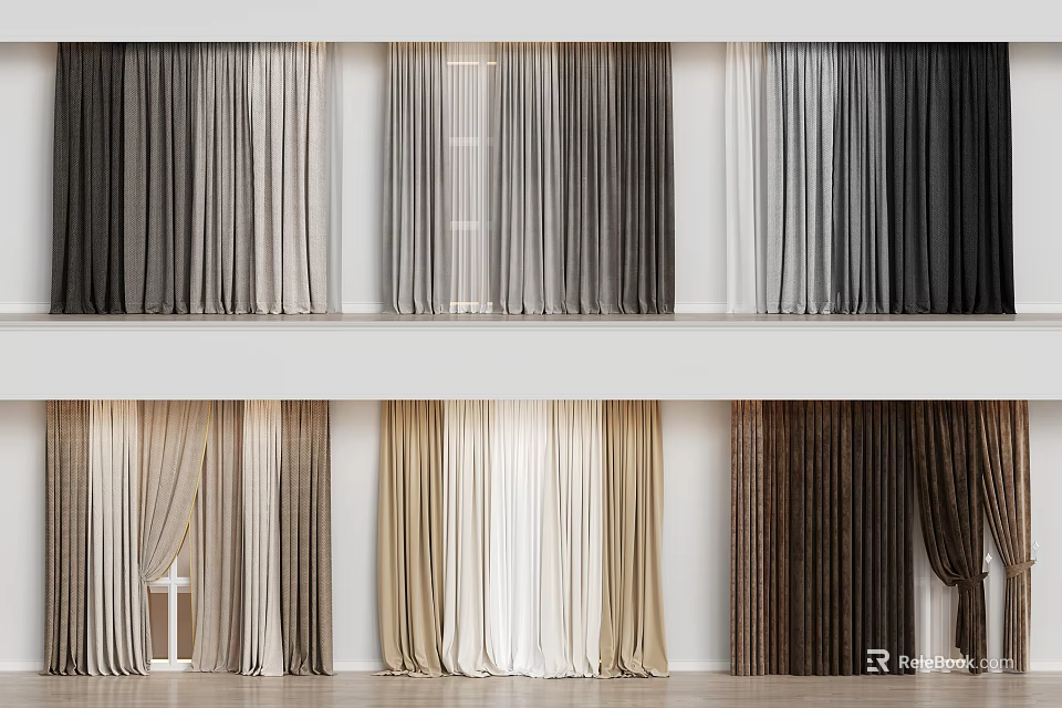 Textured Curtains In Grey Beige Brown Tones For Home Interior Decor 3d model 