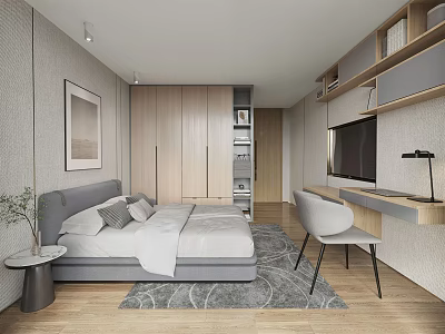 Modern Apartment Bedroom with Gray Bed White Bedding Wooden Floor Nightstand Plant TV Desk Chair 3d model