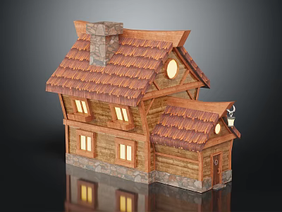 Cozy Wooden Cabin Design With Tiled Roof Stone Base Chimney And Windows 3d model