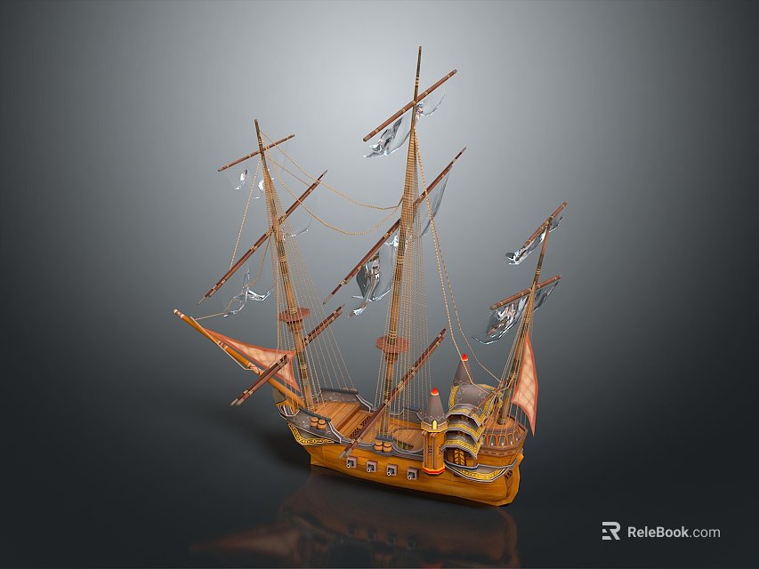 Detailed Wooden Sailing Ship Model With Multiple Masts And Brown Sails On 3d model 