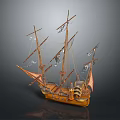 Detailed Wooden Sailing Ship Model With Multiple Masts And Brown Sails On