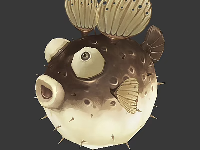 Puffer Fish Game Movie Character with Puffed Body Big Eyes Spikes and Fins 3d model