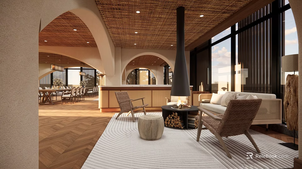 Cozy Teahouse Interior With Arched Doorways Rattan Ceiling Large Windows And Wicker Chairs 3d model 