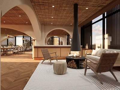 Cozy Teahouse Interior With Arched Doorways Rattan Ceiling Large Windows And Wicker Chairs 3d model