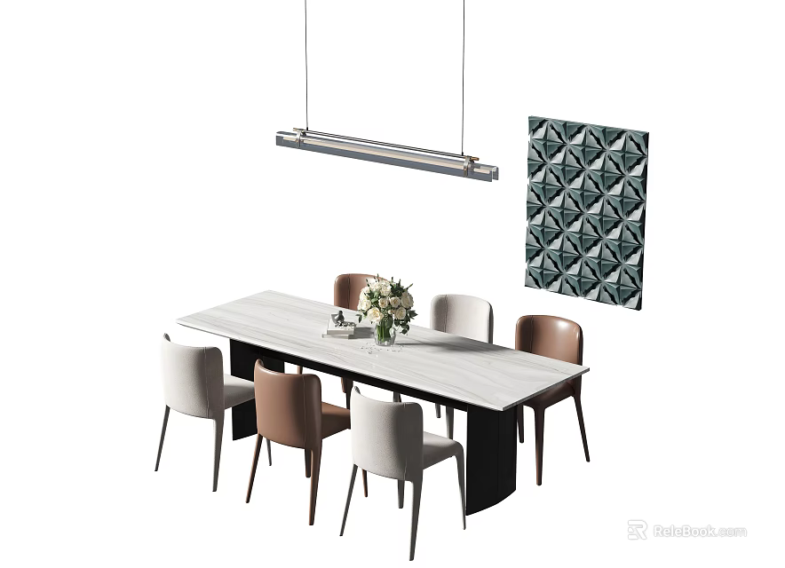 Contemporary Dining Table Set With White Surface Brown White Chairs Pendant Light Geometric Tile Wall 3d model