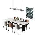 Contemporary Dining Table Set With White Surface Brown White Chairs Pendant Light Geometric Tile Wall 3d model
