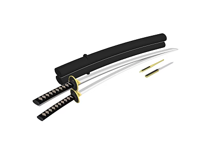 Traditional Japanese Samurai Swords With Black Scabbards Gold Accents And Small Knives 3d model