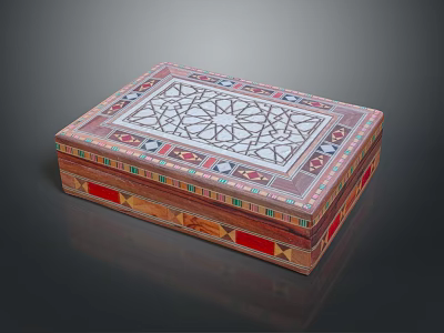 Handcrafted Decorative Wooden Storage Box With Intricate Geometric Pattern And Colorful Inlays 3d model