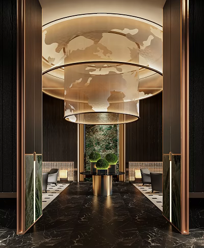 Luxury Hotel Public Lounge With Elegant Chandelier Green Plants And Wooden Panels 3d model