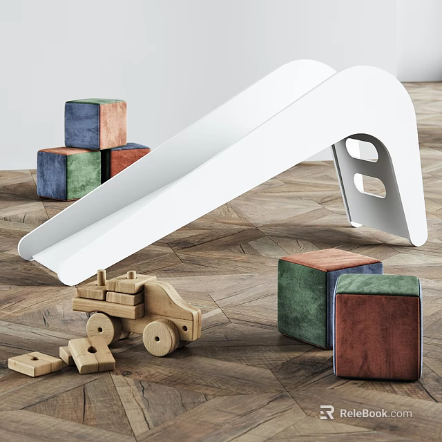 White Slide With Colorful Blocks And Wooden Toy Car On Wooden Floor 3d model 