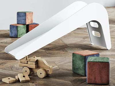 White Slide With Colorful Blocks And Wooden Toy Car On Wooden Floor 3d model