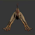 3D Rendered Dinosaur Model with Red Yellow Feathers Head Crest Open Mouth and Sharp Claws