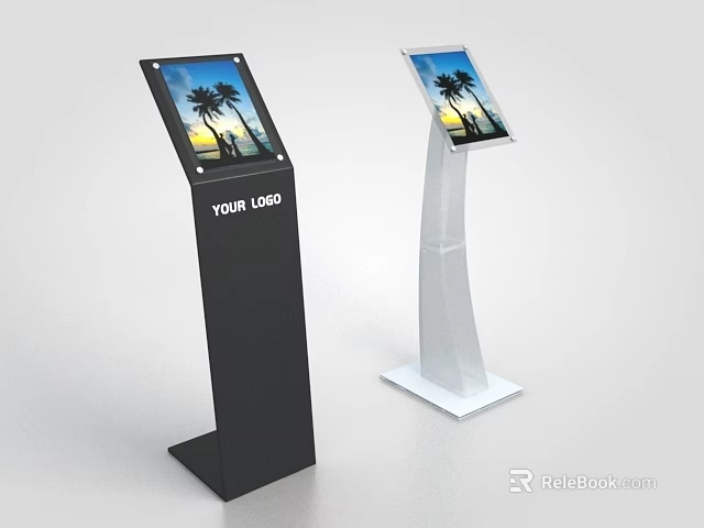 Public Facility Interactive Touchscreen Kiosks With Black And White Stands And Palm Tree 3d model 