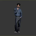 Man in Blue Shirt and Jeans Standing with Hand Near Mouth on Gray Background 3d model