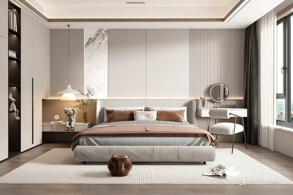 Modern Bedroom Interior With Upholstered Headboard Area Rug And Dressing Table 3d model