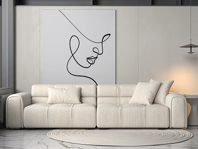 Light Colored Sectional Sofa In Modern Living Room With Abstract Line Art And Round Rug 3d model