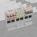 Modern Retail Display Shelf With Labeled Multi Level Racks Holding Various Organized Products 3d model