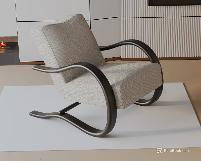 Elegant Modern Accent Chair With Curved Black Metal Frame And Light Gray Upholstered Fabric 3d model 