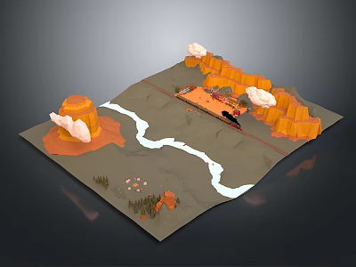 3D Low Poly Terrain Model With Orange Mountains Winding River And White Clouds 3d model