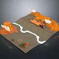 3D Low Poly Terrain Model With Orange Mountains Winding River And White Clouds 3d model
