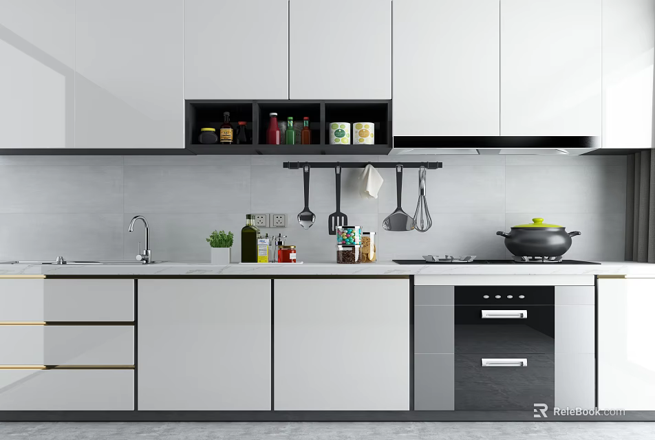 Modern Kitchen Interior With White Cabinets Sink Countertop And Hanging Utensils 3d model 