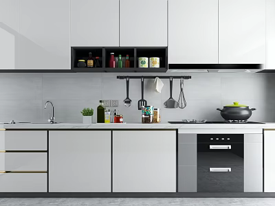 Modern Kitchen Interior With White Cabinets Sink Countertop And Hanging Utensils 3d model