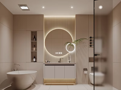 Modern Bathroom Interior With Round Mirror Bathtub Vanity Light Colored Tiles And Ambient Lighting 3d model