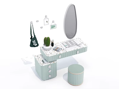 Light Green Dressing Table with Oval Mirror Potted Plant Notebook and Round Stool 3d model