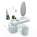 Light Green Dressing Table with Oval Mirror Potted Plant Notebook and Round Stool