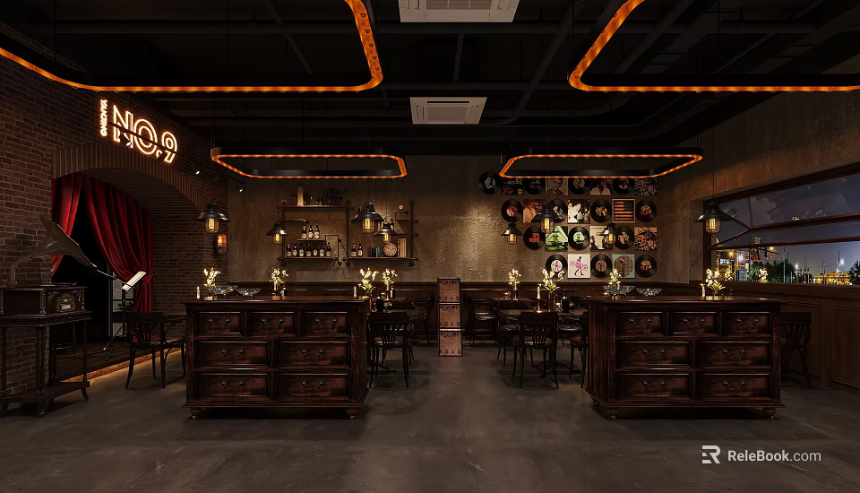 Vintage Style Bar Interior Design With Wooden Counters Decorative Lights Wall Posters And Chairs 3d model 