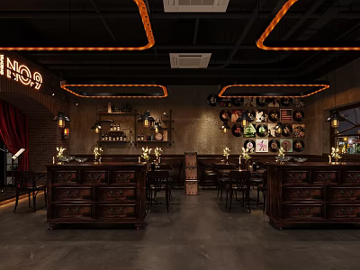 Vintage Style Bar Interior Design With Wooden Counters Decorative Lights Wall Posters And Chairs 3d model