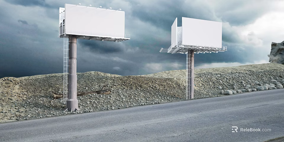 Two White Billboards Standing Along Roadside With Cloudy Sky And Gravel Ground 3d model 