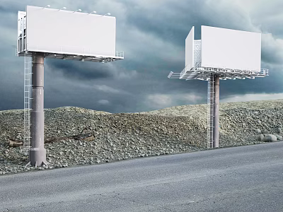 Two White Billboards Standing Along Roadside With Cloudy Sky And Gravel Ground 3d model