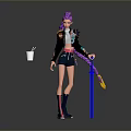 3D Character With Purple Hair Black Jacket Shorts White Cup Blue Staff Pink Striped Boots