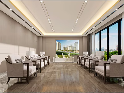 Modern Conference Room With Spacious Layout Large Windows Projection Screen Wooden Flooring And Comfortable Chairs 3d model
