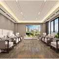 Modern Conference Room With Spacious Layout Large Windows Projection Screen Wooden Flooring And Comfortable Chairs
