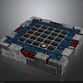 Modern Decorative Square Platform With Gray Stone Border Blue Grid And Red Accents