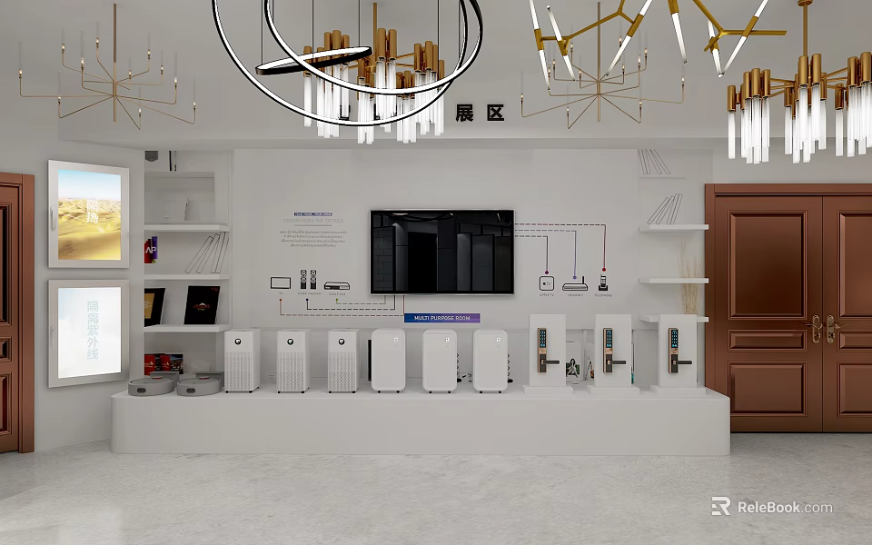 Modern Exhibition Area Interior With White Display Platform Devices TV Screen And Gold White Chandeliers 3d model 