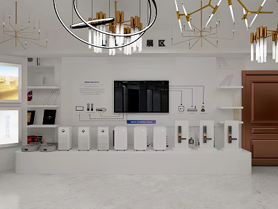 Modern Exhibition Area Interior With White Display Platform Devices TV Screen And Gold White Chandeliers 3d model