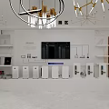 Modern Exhibition Area Interior With White Display Platform Devices TV Screen And Gold White Chandeliers