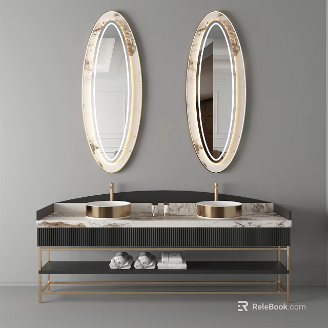 Elegant Double Sink Vanity With Oval Mirrors Gold Frames And Marble Countertop 3d model