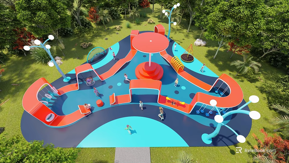 Colorful Children's Playground With Red Blue Structures Slides Climbing Elements Green Trees And Grass 3d model 