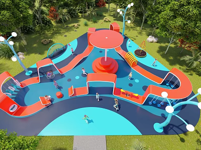 Colorful Children's Playground With Red Blue Structures Slides Climbing Elements Green Trees And Grass 3d model